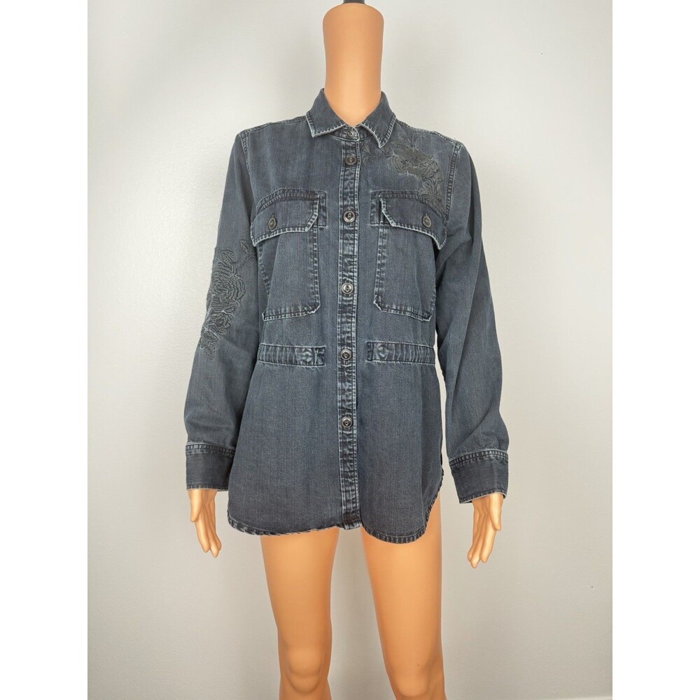 Gap Womens Black Denim Shacket Floral Embroidery Button Up Drawstring